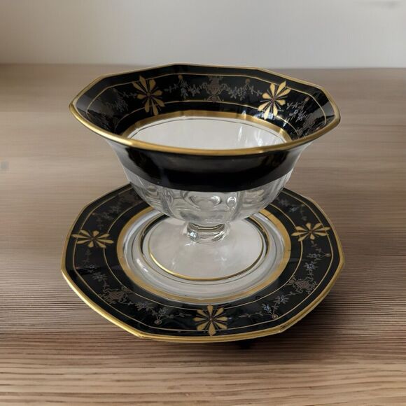 Vintage Glass Black Gold Rim Mayonnaise Compote Bowl Dish With Under Plate Set - Picture 2 of 8